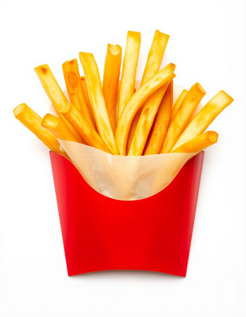French fries in a red box on a white background. Isolated