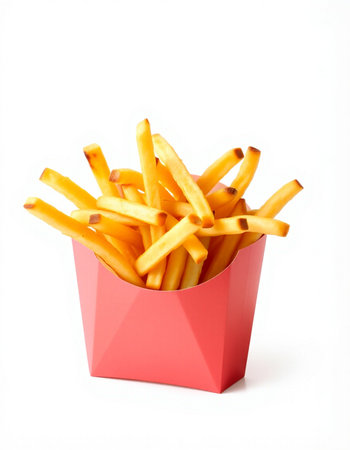 French fries in red box isolated on white background. Selective focus.