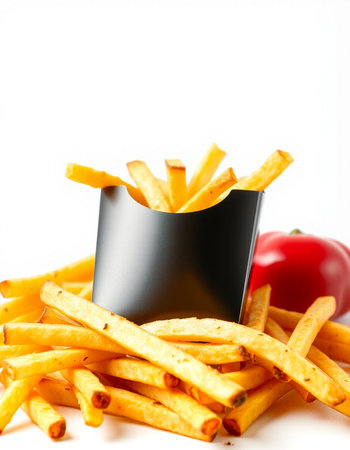French fries in a black box isolated on white background. Selective focus.