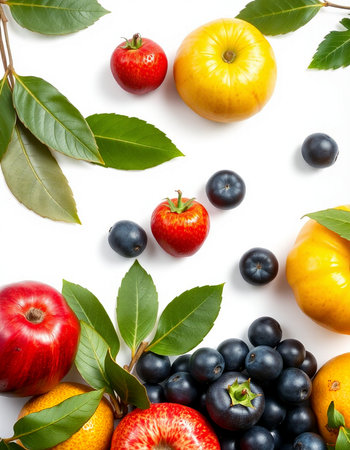 Fruits and berries isolated on white background. Flat lay, top viewの写真素材