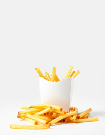 Golden French fries in a white paper box on a white background.
