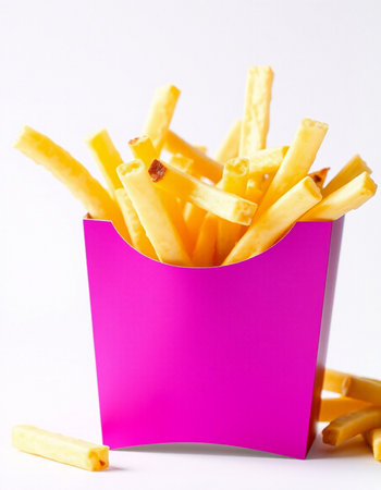 French fries in a pink box on a white background. Fast food.の写真素材