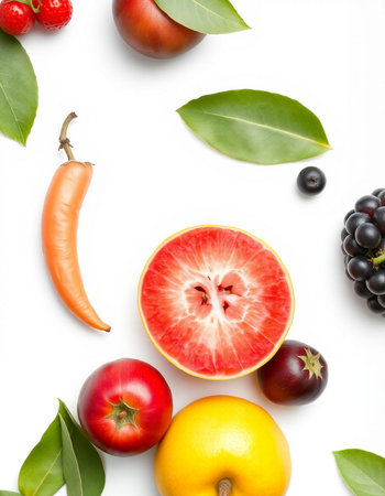 Composition with fresh fruits and vegetables on white background, top viewの写真素材