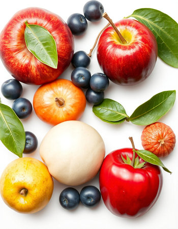 Fresh fruits and vegetables on a white background. Healthy food concept.