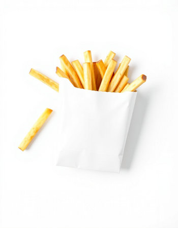 French fries in a paper bag on a white background, top viewの写真素材