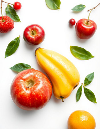 Fruits and berries on a white background. Flat lay, top view