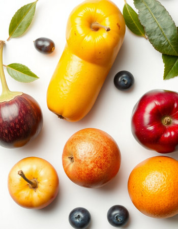 Fruits and vegetables on white background. Top view. Flat layの写真素材