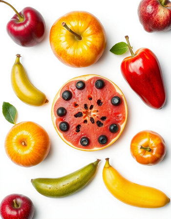 Fruits and vegetables isolated on white background. Top view. Flat layの写真素材