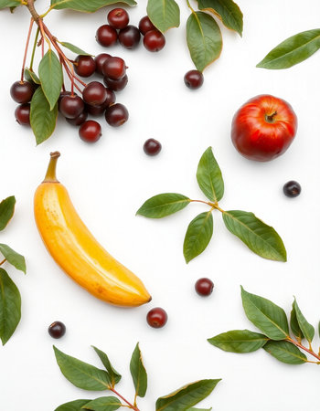 Fruits and berries on a white background. Flat lay, top view.の写真素材