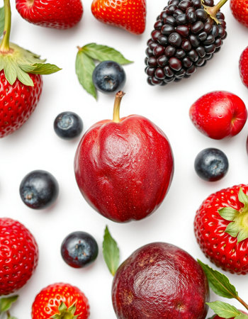 Mix of fresh berries on white background, top view. Flat layの写真素材