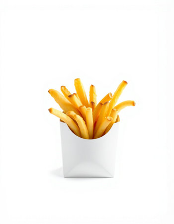 French fries in a paper box isolated on white background. Fast food.