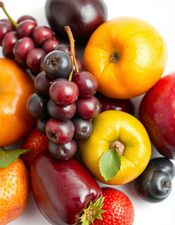 Fruits and berries on a white background, close-up.