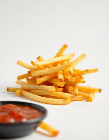 French fries with ketchup on white background. Selective focus.