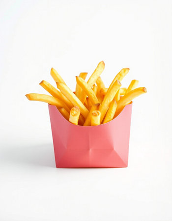French fries in a pink box on a white background, fast foodの写真素材