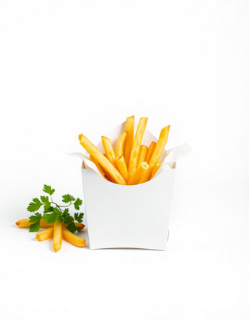 French fries with parsley in a white paper box on a white backgroundの写真素材
