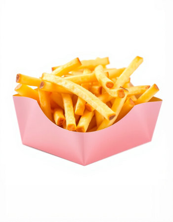 French fries in a pink box on a white background. Isolatedの写真素材