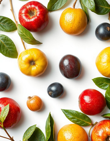 Fruits with leaves on white background. Flat lay, top view