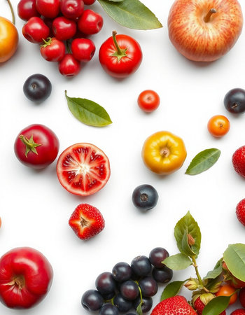 Fruits and berries isolated on white background. Flat lay, top viewの写真素材