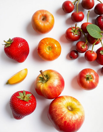 Fresh fruits and berries on white background. Flat lay, top viewの写真素材