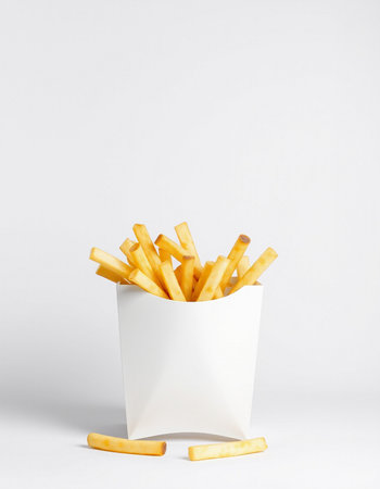 French fries in a white paper box on a white background. Fast food.の写真素材
