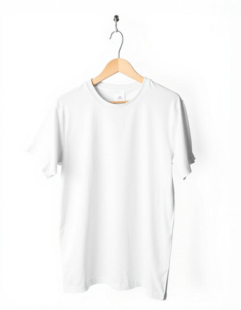 White t-shirt on a hanger isolated on a white backgroundの写真素材