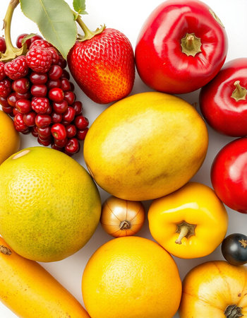 Fruits and vegetables on a white background. Healthy food concept.