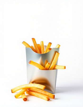 Golden French fries in a paper box on a white background with copy space