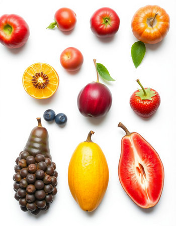 Fruits isolated on white background. Flat lay, top view.の写真素材