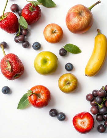 Fruits and berries on a white background. Flat lay, top view