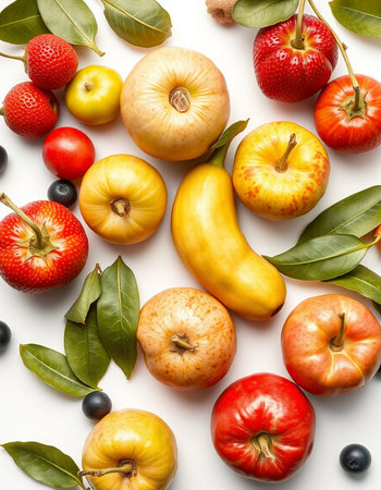 Fruits and vegetables on a white background. Flat lay, top view