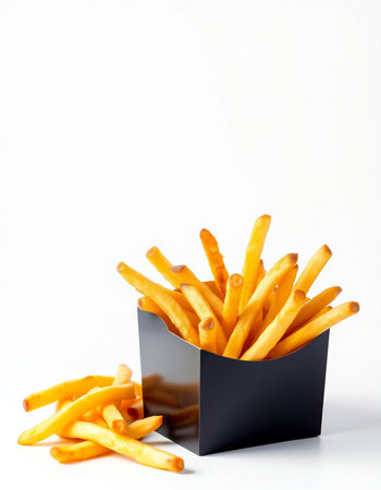 French fries in a black box on a white background. Fast food.