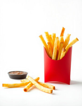 French fries in a red box with a bowl of sauce on a white background
