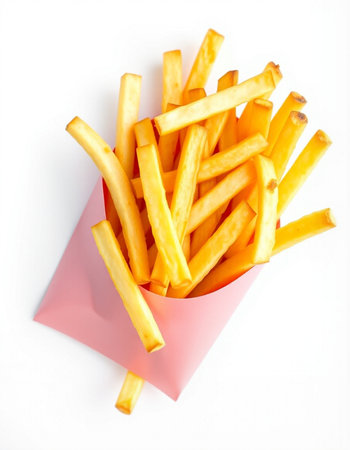 French fries in a pink paper bag on a white background. Isolated