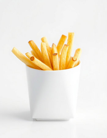 French fries in a white paper cup on a white background, isolatedの写真素材