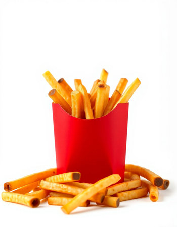 French fries in a red box on a white background. Selective focus.の写真素材