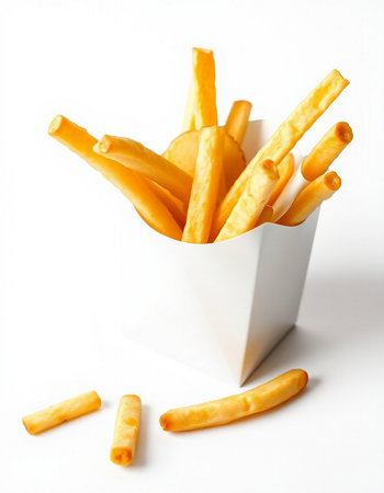 French fries in a white box on a white background, close-up