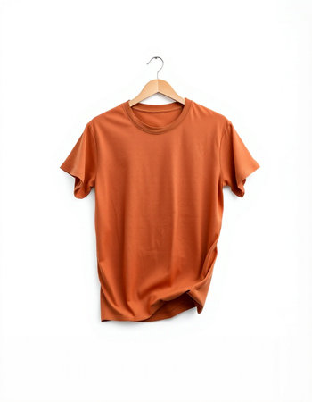 Orange t-shirt on wooden hanger isolated on white background.の写真素材