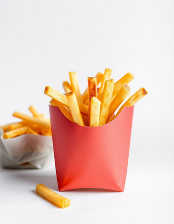 French fries in a red paper box on a white background. Fast food.