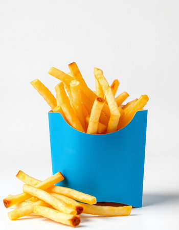 French fries in a blue box on a white background. Fast food.の写真素材