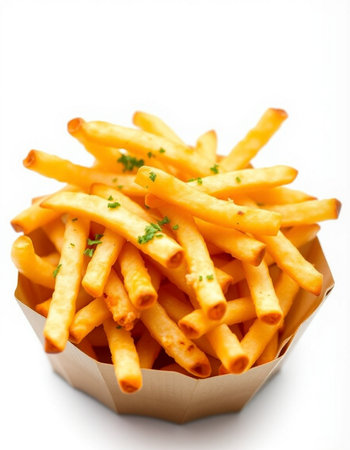 French fries in paper box isolated on white background. Selective focus.の写真素材