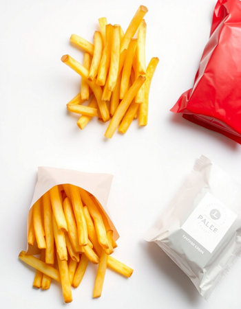 French fries in paper bag isolated on white background. Top view.の写真素材