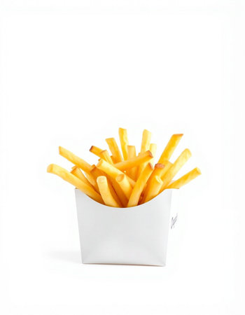 French fries in a white box on a white background. Isolated