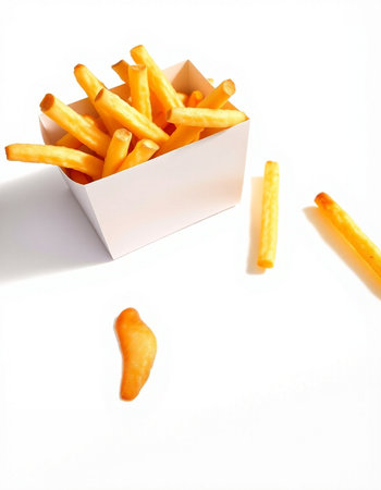 French fries in a white box on a white background, fast foodの写真素材