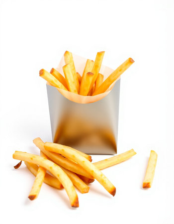 French fries in paper box isolated on white background. Selective focus.