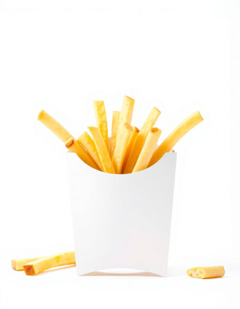 French fries in a paper box on a white background. Isolated