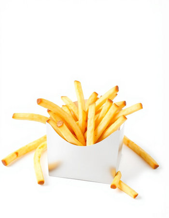 French fries in a white box on a white background. Isolated