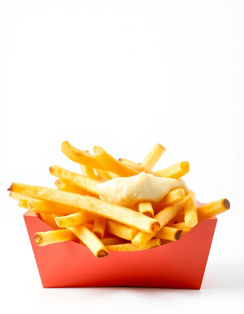 French fries with mayonnaise in a red box on a white backgroundの写真素材