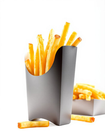 French fries in box isolated on white background. Fast food concept.
