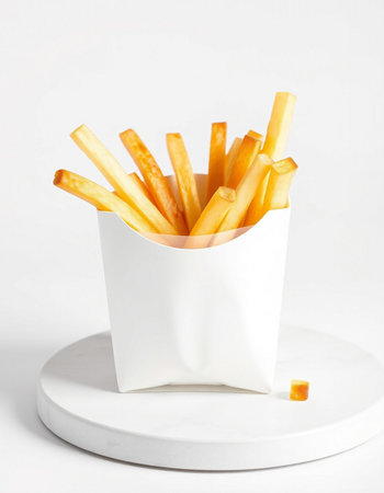 French fries in a white box on a white background. Fast food.の写真素材