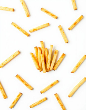 French fries isolated on white background. Flat lay, top view.の写真素材